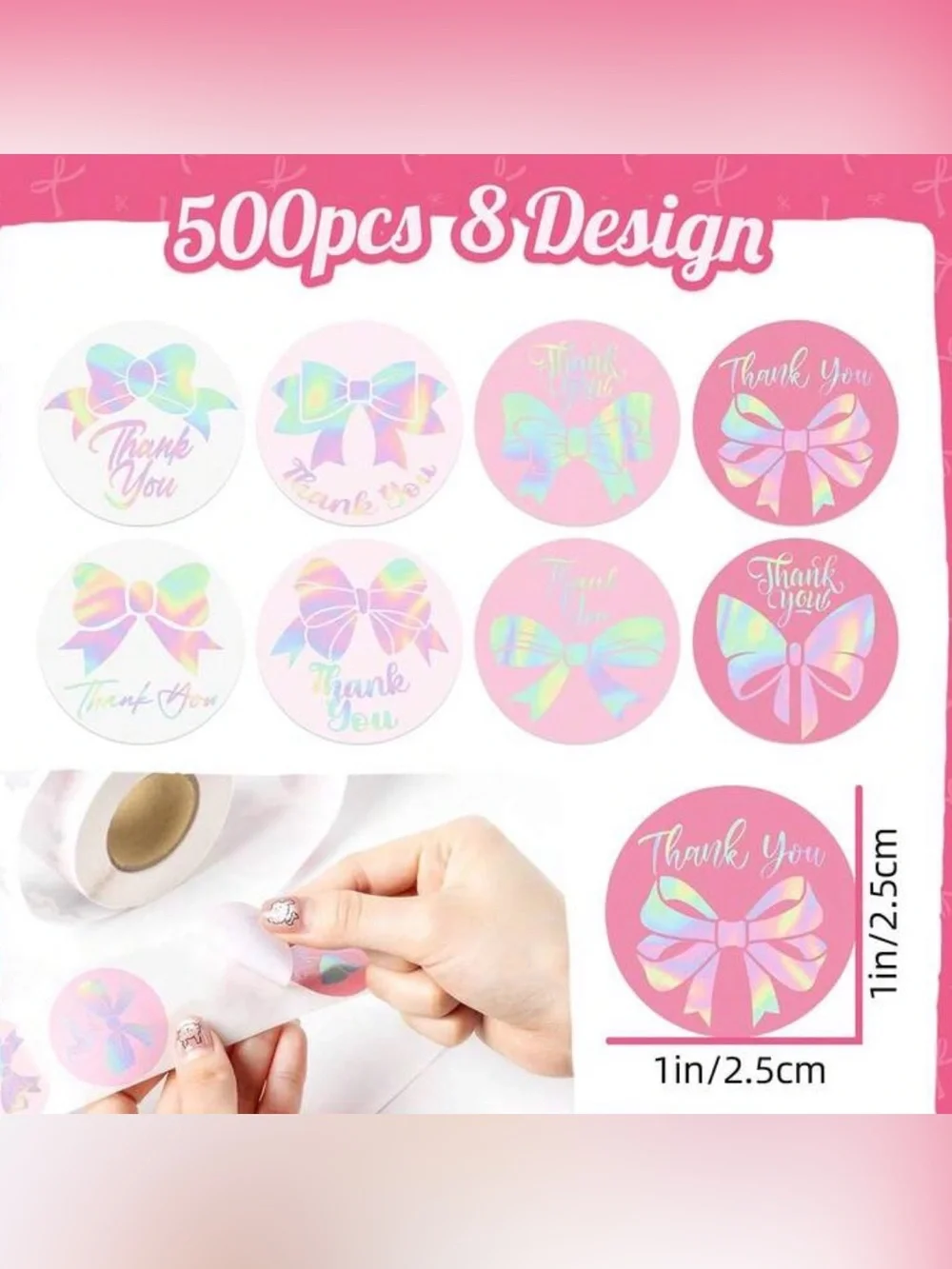 🌈 Holographic Bow 'Thank You' Round Sticker Roll